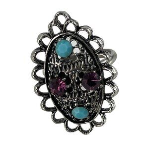 Vintage Purple & Blue Multi Stone Silver Tone Adjustable Ring
